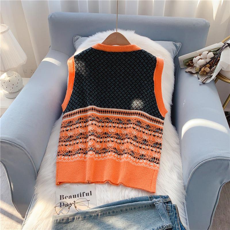 Retro national style knitted vest women's sweater vest  5107