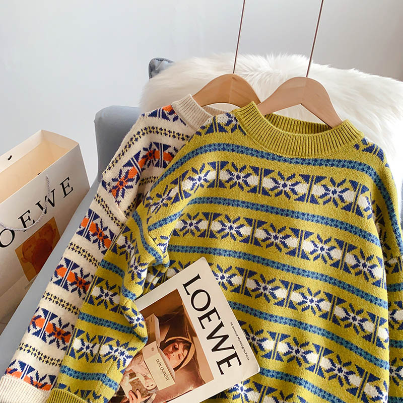 Round neck Vintage jacquard soft waxy sweater female  5166