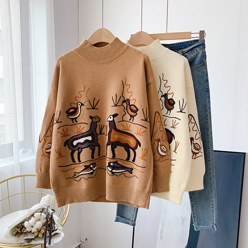 Pullover mit schwerer Industriestickerei im Retro-Hongkong-Stil mit halbhohem Kragen 5160