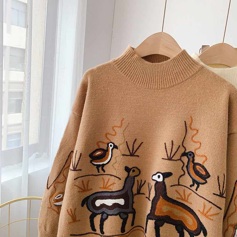 Pullover mit schwerer Industriestickerei im Retro-Hongkong-Stil mit halbhohem Kragen 5160