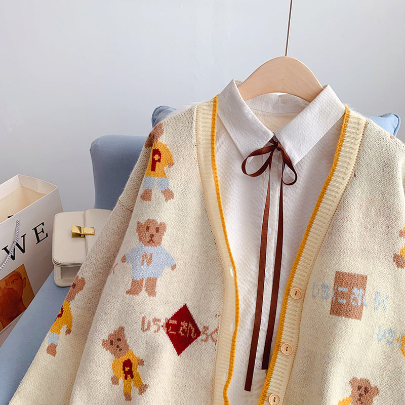 Pullover-Cardigan mit kleinem Bären Strickjacke mit V-Ausschnitt 5064