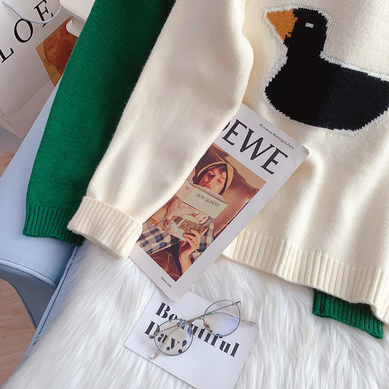 Pull brodé japonais à motif de canard 5099