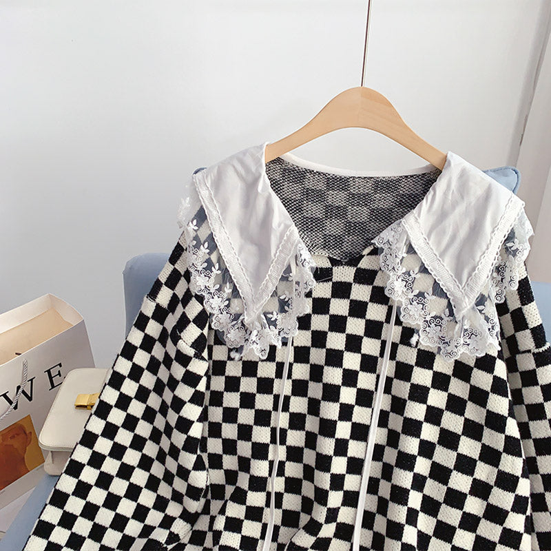 Plaid doll neck sweater loose lazy Pullover Sweater  5085