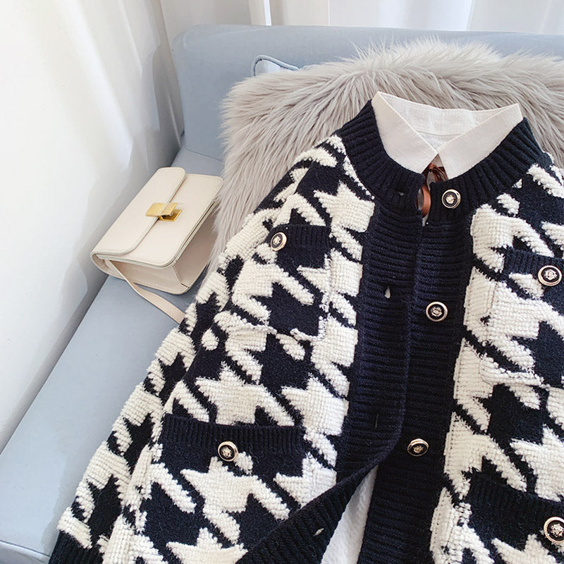 Qianniao check cardigan sweater xiaoxiangfeng knitted coat  5087