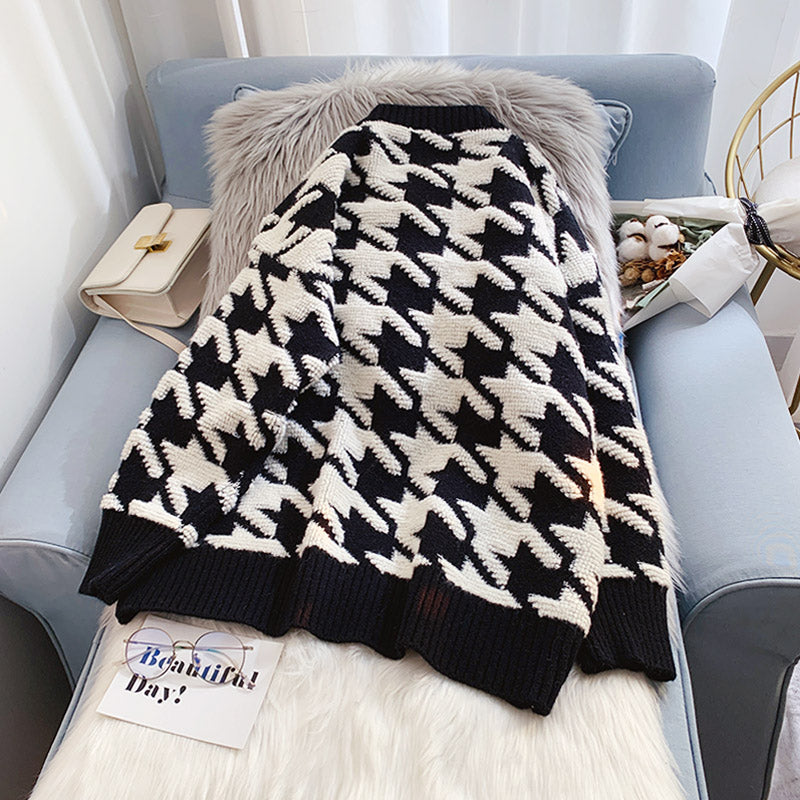 Qianniao check cardigan sweater xiaoxiangfeng knitted coat  5087