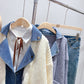 Denim stitched fake two sweater coat knitted cardigan  5038