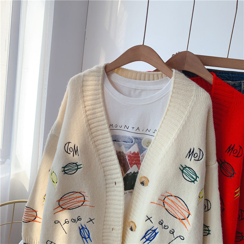 Net red knitted cardigan loose and lazy outside  4983