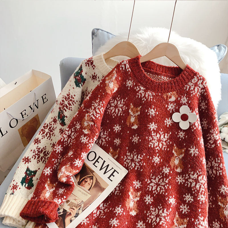 Vintage Red Christmas jacquard knitted sweater  4956