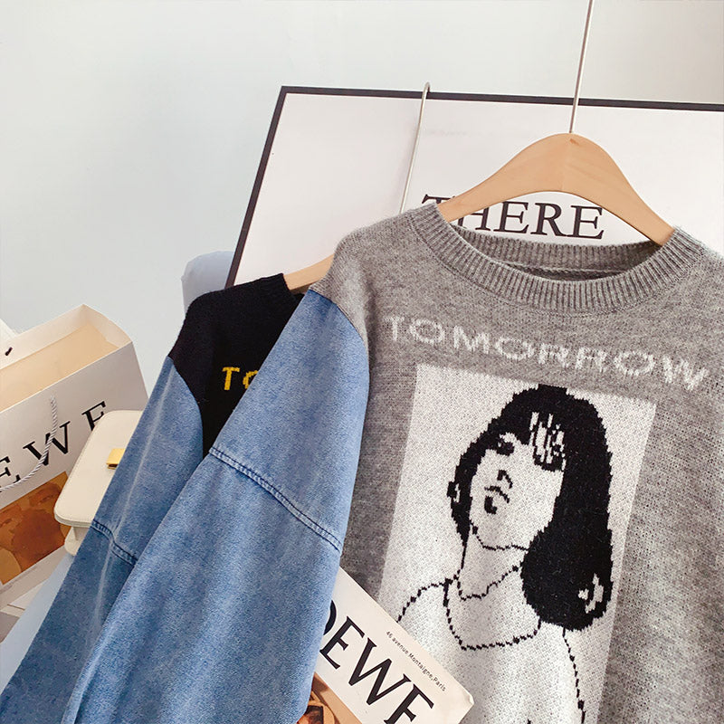 Design sense denim stitched sweater fake two women's Retro port flavor  5050