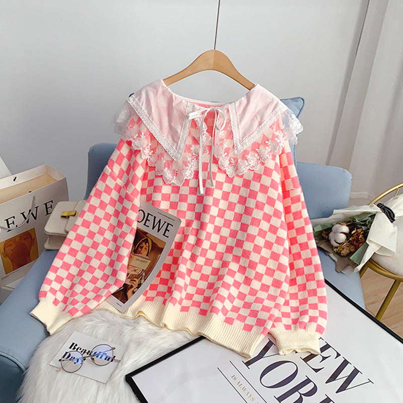 Plaid doll neck sweater loose lazy Pullover Sweater  5085