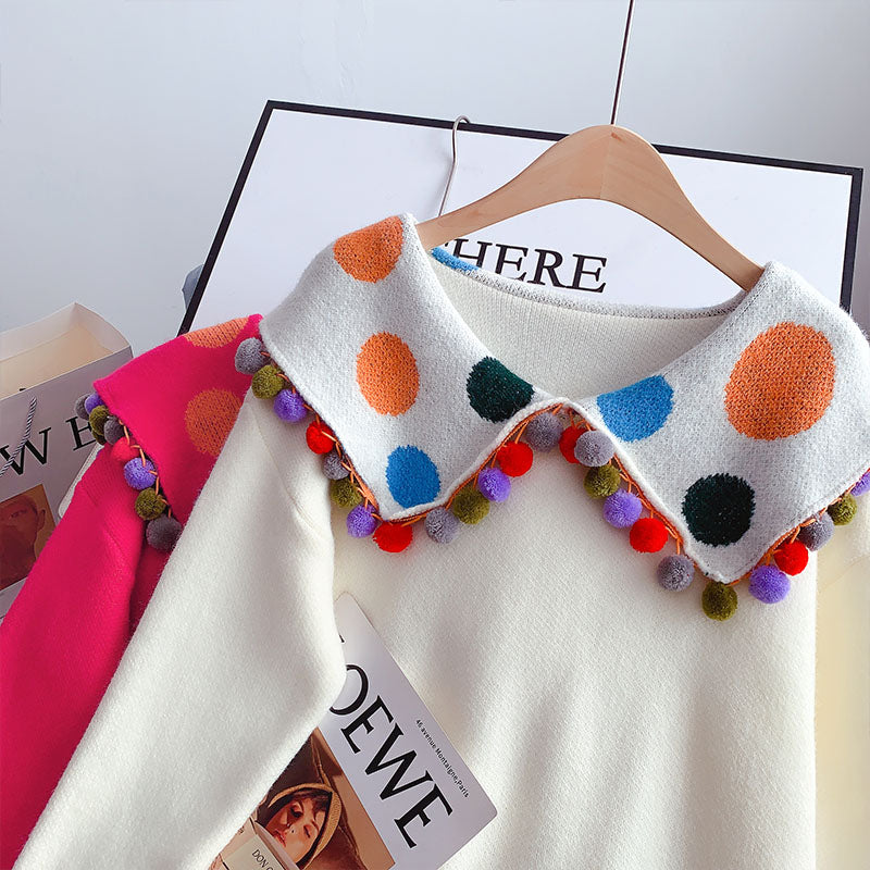 Aging-Pullover mit großem Revers und farbigem Ball 4951