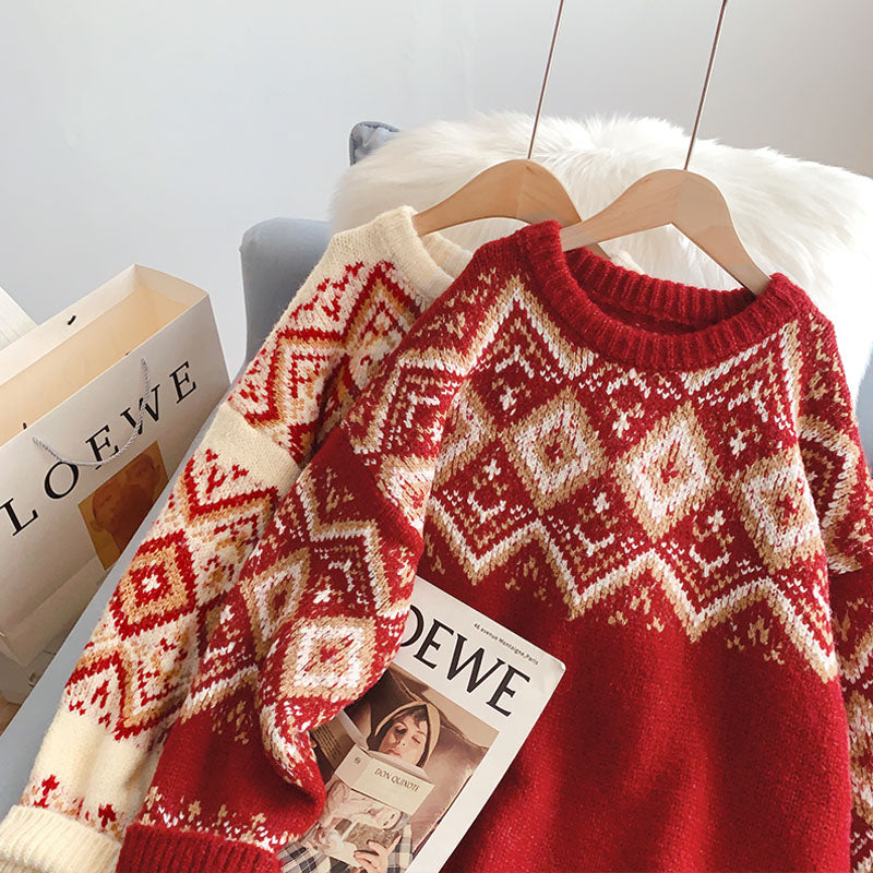 Vintage Lingge lazy wind Red Christmas Sweater  4970