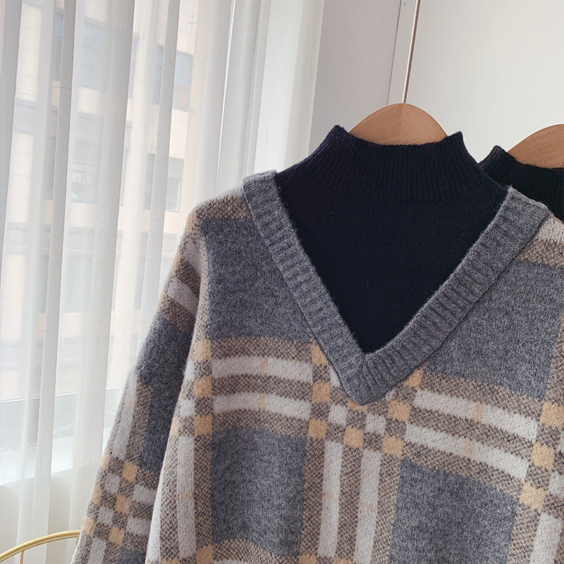 Vintage Plaid half high neck sweater  5033