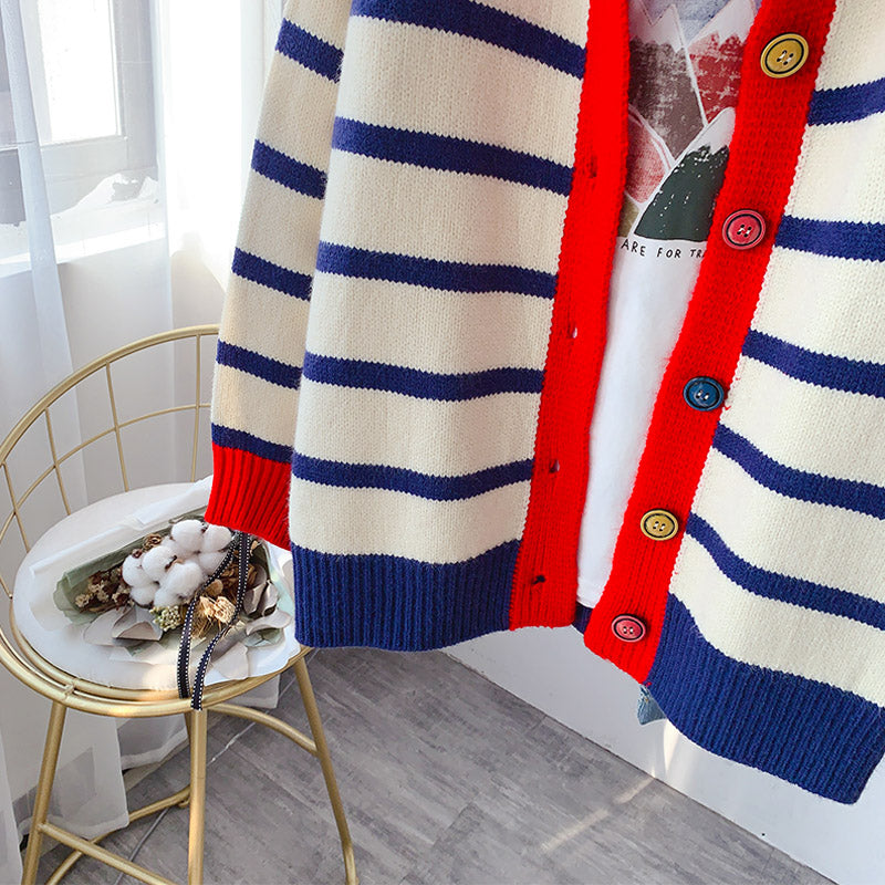Striped sweater net red knitted cardigan  5074