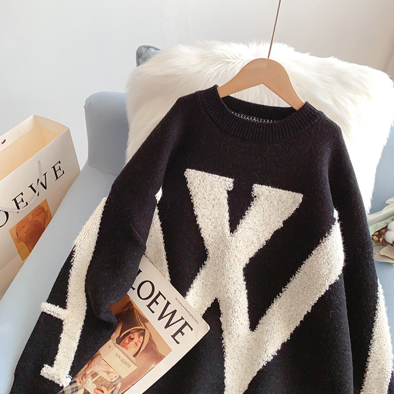 Lazy Letter dreidimensionaler beflockter Jacquard-Pullover 5043