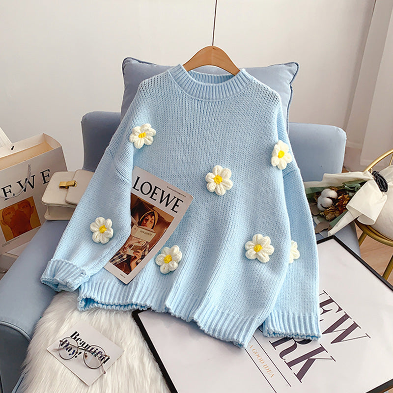 Design sense niche Japanese cute three-dimensional flower sweater  5081