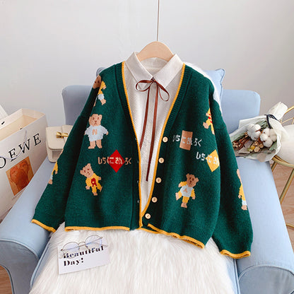 Pullover-Cardigan mit kleinem Bären Strickjacke mit V-Ausschnitt 5064