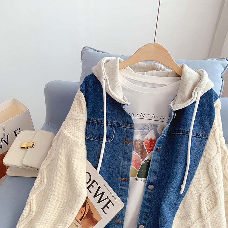 Denim sweater splicing coat versatile knitted cardigan  4965