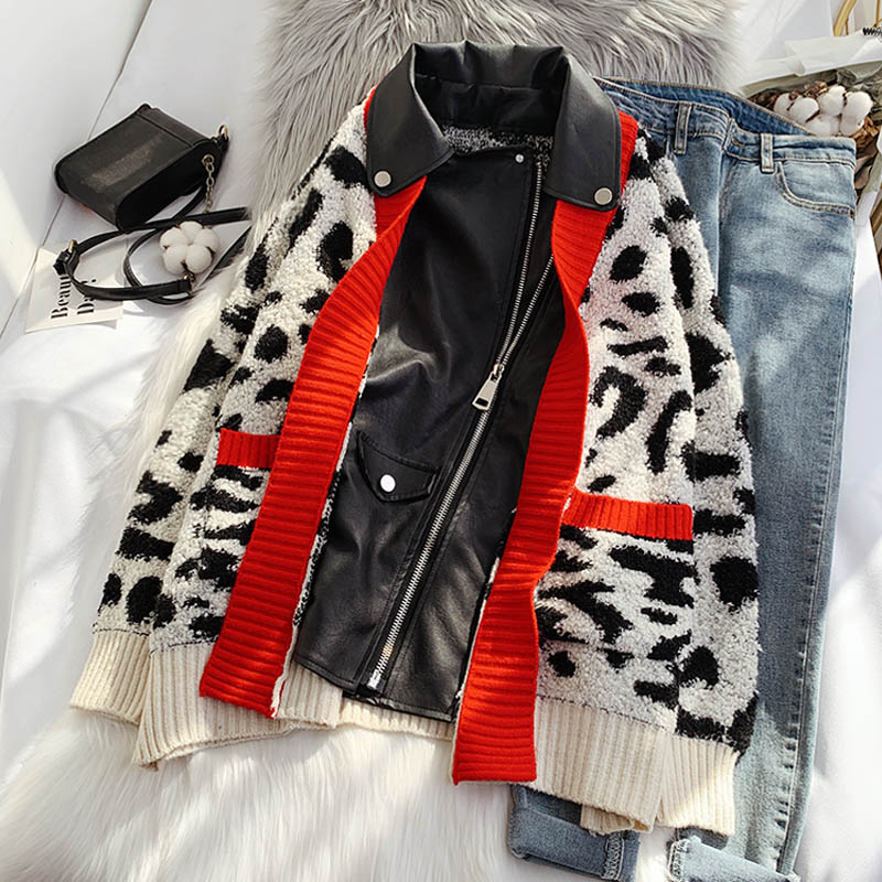 Gestrickte Strickjacke im Leopardenmuster im ausländischen Stil, europäische Ware 5105