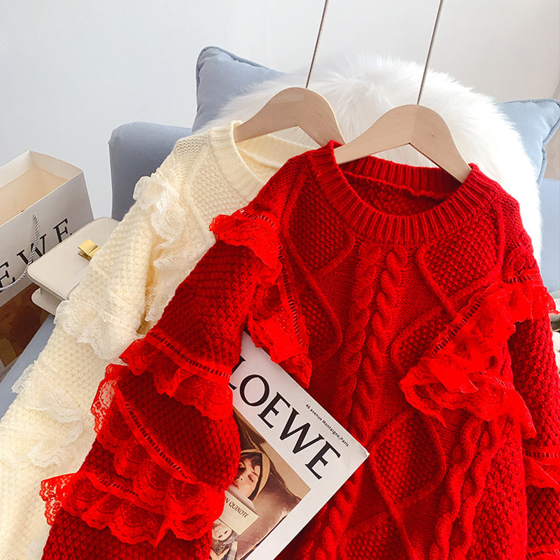 Lace stitching lace design sense niche sweater  5023