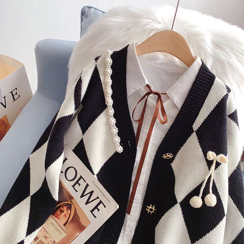 Vintage diamond V-neck knitted cardigan sweater coat  5046