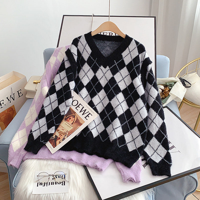 Sweet lazy wind imitation mink velvet checkered sweater  5006