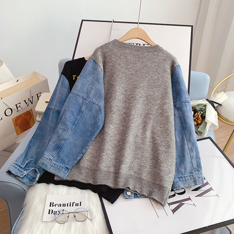 Design sense denim stitched sweater fake two women's Retro port flavor  5050