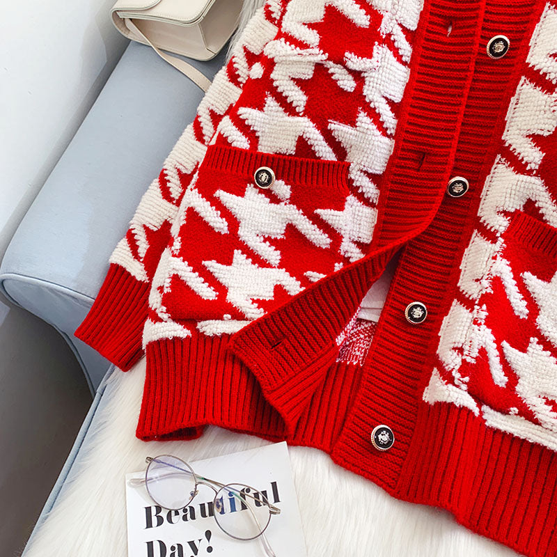 Qianniao check cardigan sweater xiaoxiangfeng knitted coat  5087