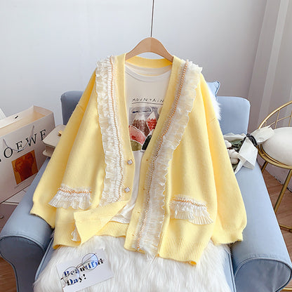 Loose design sense of minority sweet knitted coat  5060