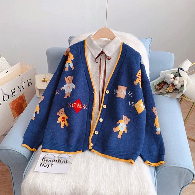 Pullover-Cardigan mit kleinem Bären Strickjacke mit V-Ausschnitt 5064