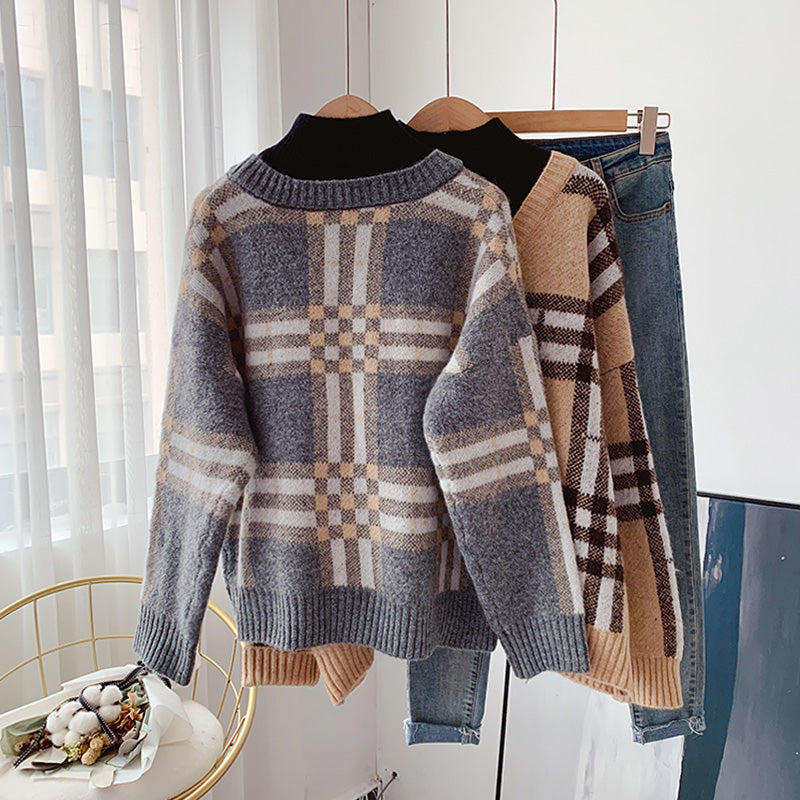 Vintage Plaid half high neck sweater  5033