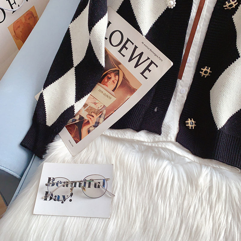 Vintage diamond V-neck knitted cardigan sweater coat  5046