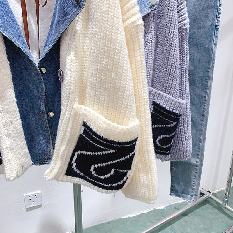 Denim stitched fake two sweater coat knitted cardigan  5038