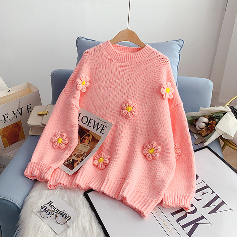 Design sense niche Japanese cute three-dimensional flower sweater  5081