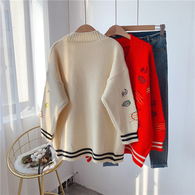 Net red knitted cardigan loose and lazy outside  4983