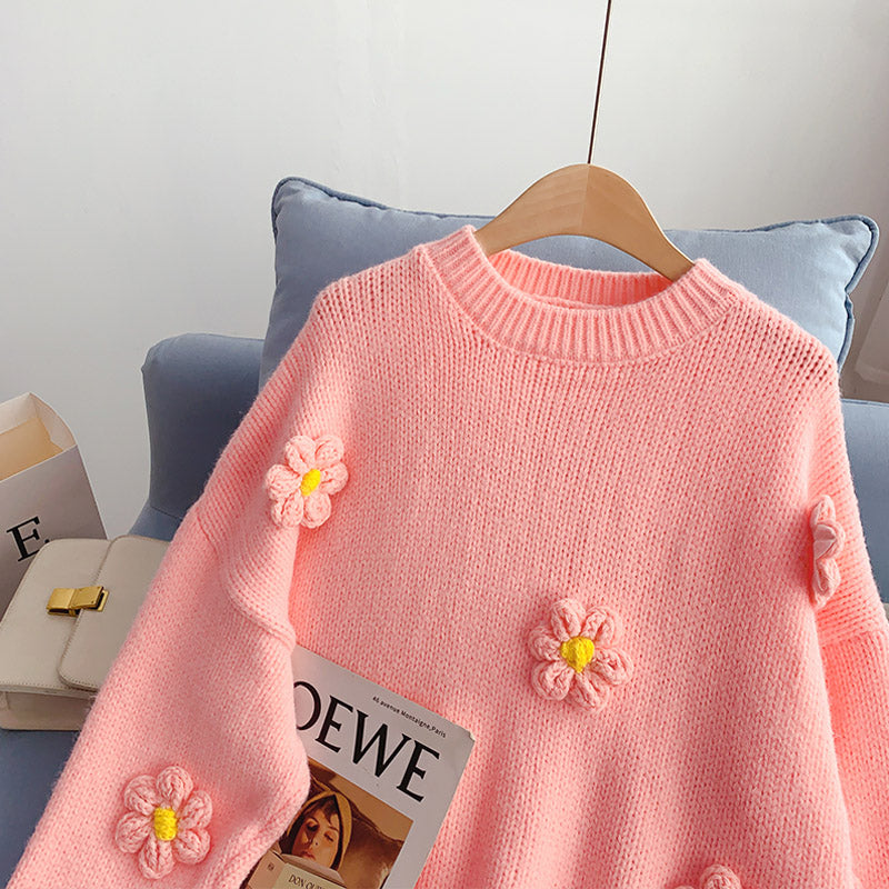 Design sense niche Japanese cute three-dimensional flower sweater  5081