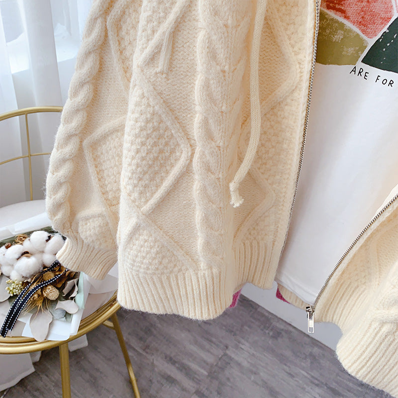 Knitted hooded twist sweater coat women's cardigan  5049