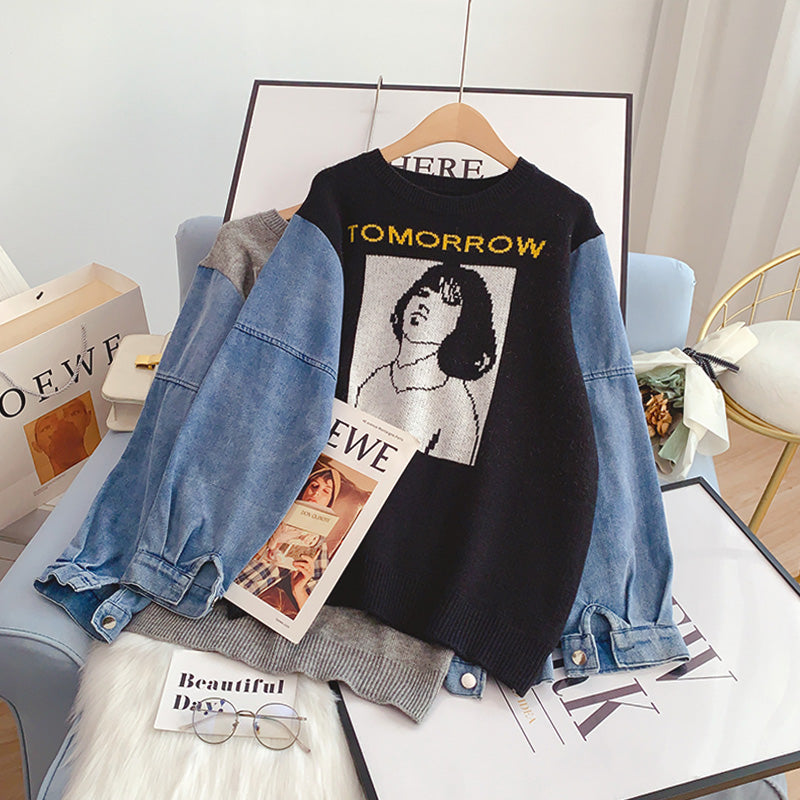 Design sense denim stitched sweater fake two women's Retro port flavor  5050