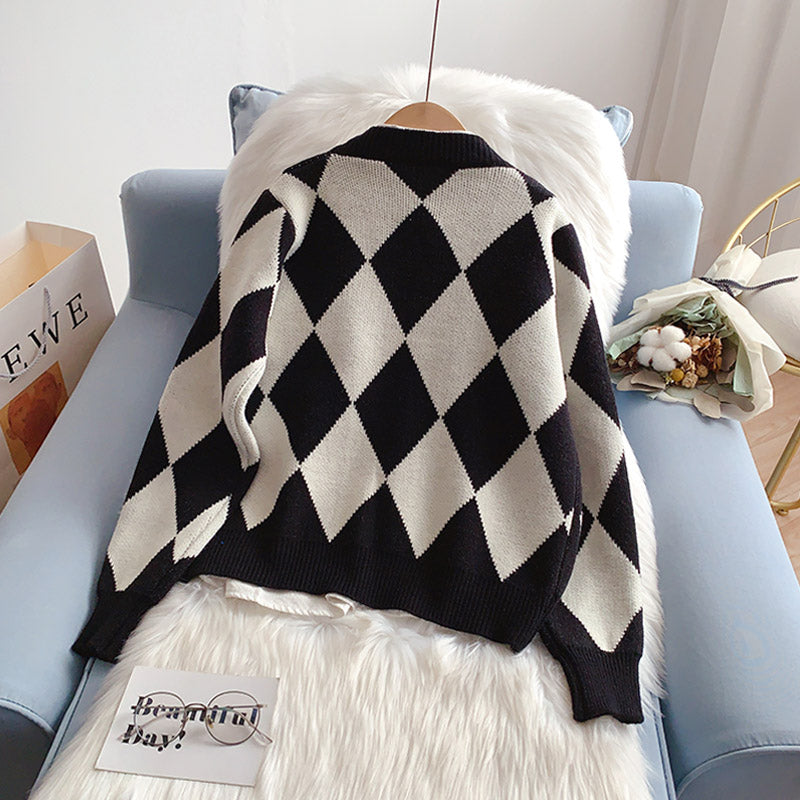 Vintage diamond V-neck knitted cardigan sweater coat  5046