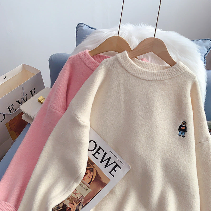 Embroidered bear sweater women's versatile sweater top  5029