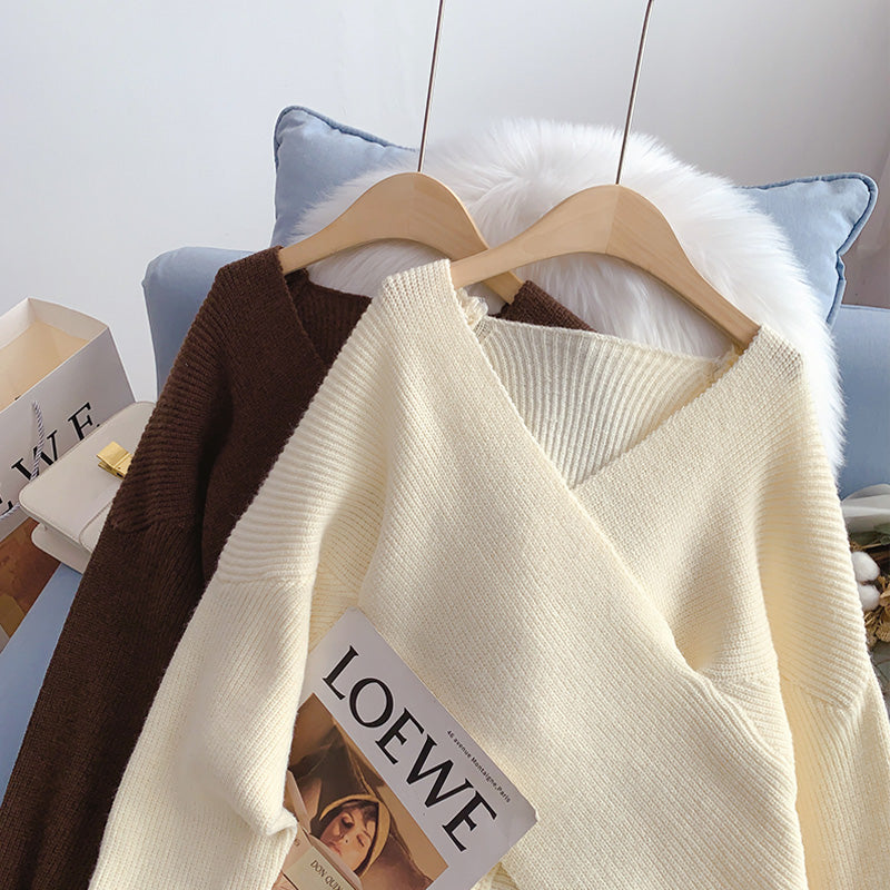 Koreanischer Pullover mit V-Ausschnitt Vintage lockeres faules Top 4971