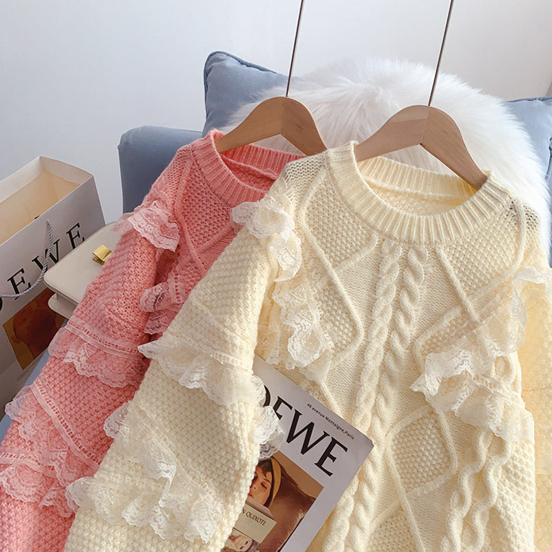 Lace stitching lace design sense niche sweater  5023