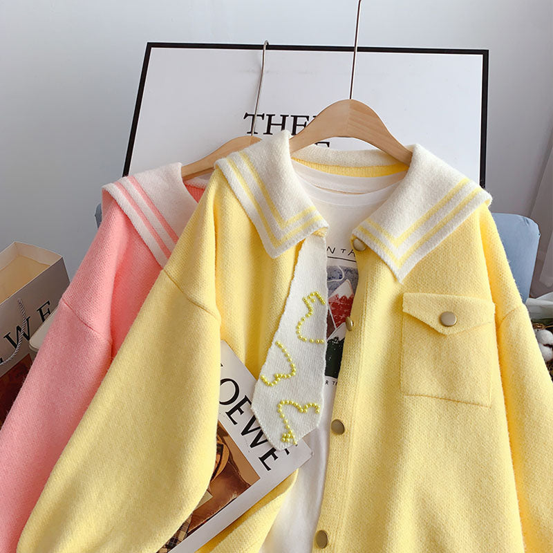 Navy collar sweater aging Knitted Top  5094