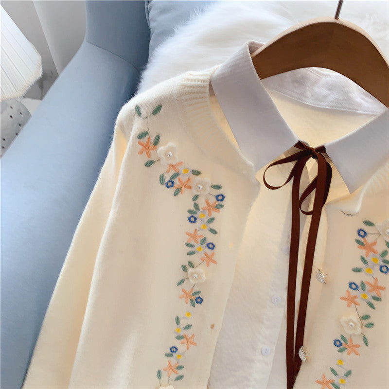 Gentle Fengsen Department Pullovermantel mit handgestickten Blumen 5053 