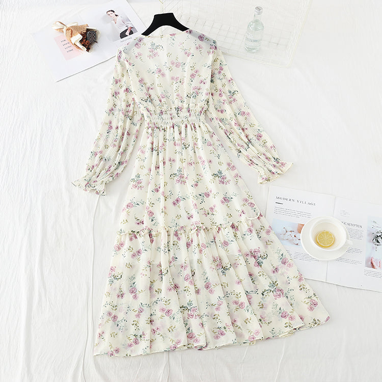 New gentle wind, slim slim, elastic waist, wrinkled Chiffon Floral Dress  4714