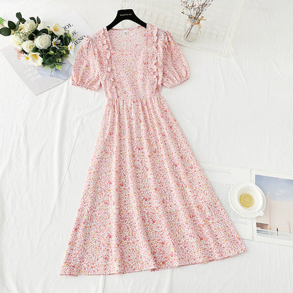 French first love sweet square neck bubble sleeve tea break skirt  4890