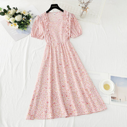 French first love sweet square neck bubble sleeve tea break skirt  4890