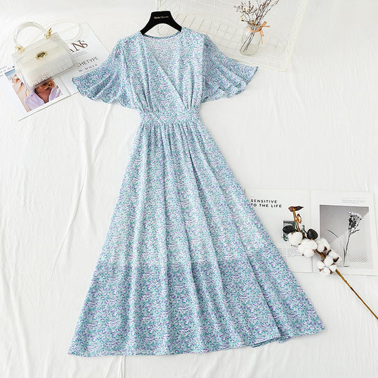 New tea break French chiffon long skirt V-neck waist slim A-line skirt  4889