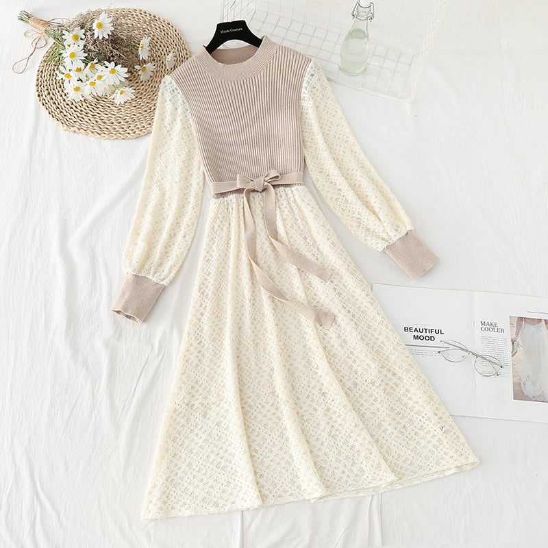 Knit dress with coat lace stitching  4788
