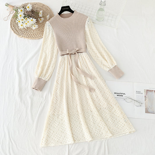 Knit dress with coat lace stitching  4788